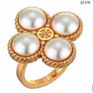 Tory Burch Gold-Tone Ring with White Pearl Clover Motif